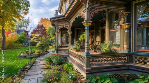 detailed view of a Suburban Victorian homea??s ornate porch with gingerbread trim and a colorful garden photo