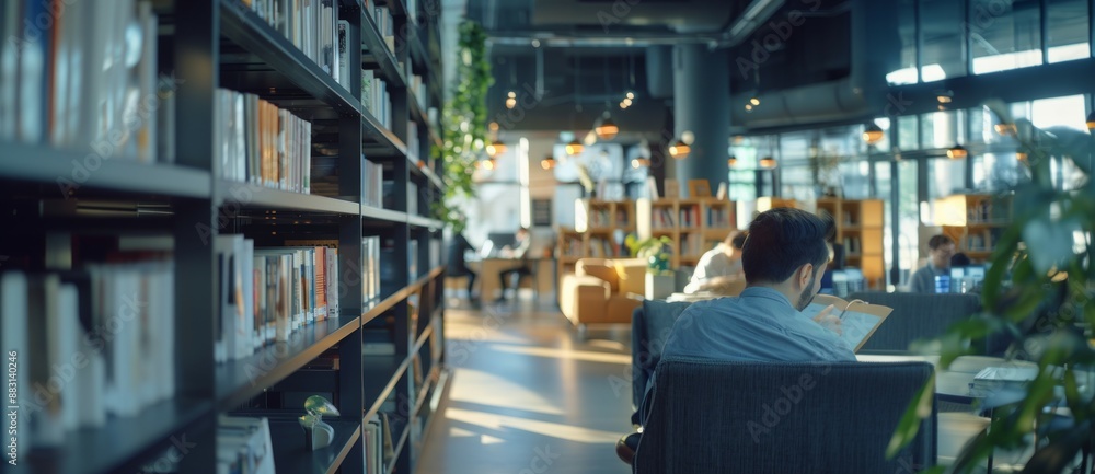 Blur background of children reading a book at spacious public library with large windows and natural scenery. Natural light interior photography. Blur background of children reading a book at spacious public library with large windows and natural scenery. Natural light interior photography.