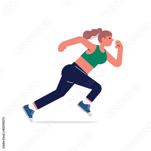 Woman running. Active girl jogging. Runner, cardio exercise, workout. Young female jogger training in sport shorts and sneakers. Flat vector illustration isolated on white background.