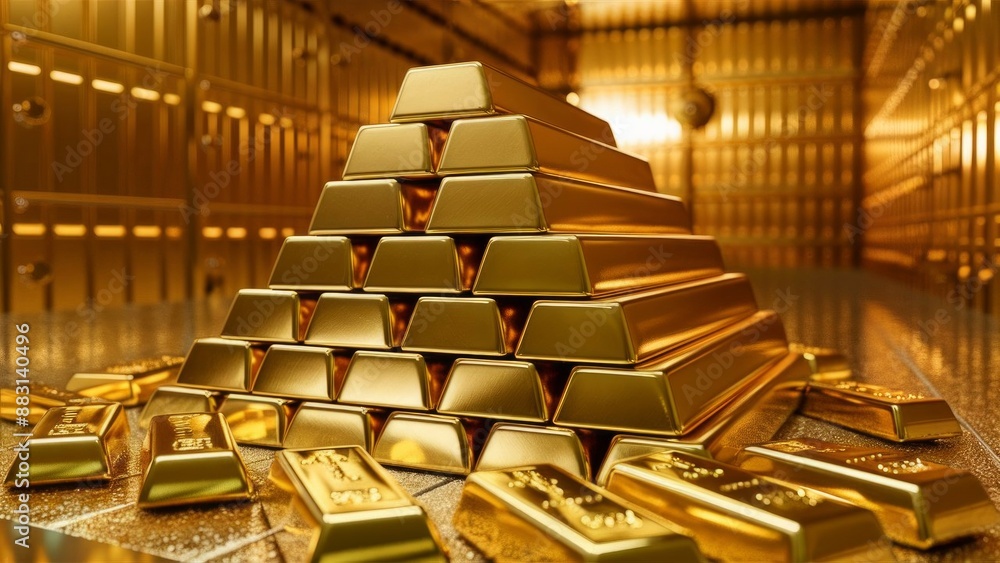 Stack of gold bars in bank vault, Financial concepts Stack of gold bars in bank vault, Financial concepts