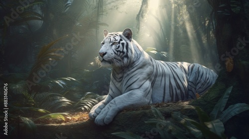 Majestic White Tiger in the Dense Jungle photo