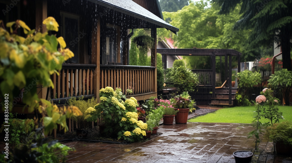Obraz premium A house with a porch and a garden with yellow flowers. The flowers are in pots and the garden is wet from the rain