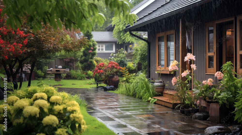 A house with a porch and a garden with yellow flowers. The flowers are in pots and the garden is wet from the rain A house with a porch and a garden with yellow flowers. The flowers are in pots and the garden is wet from the rain