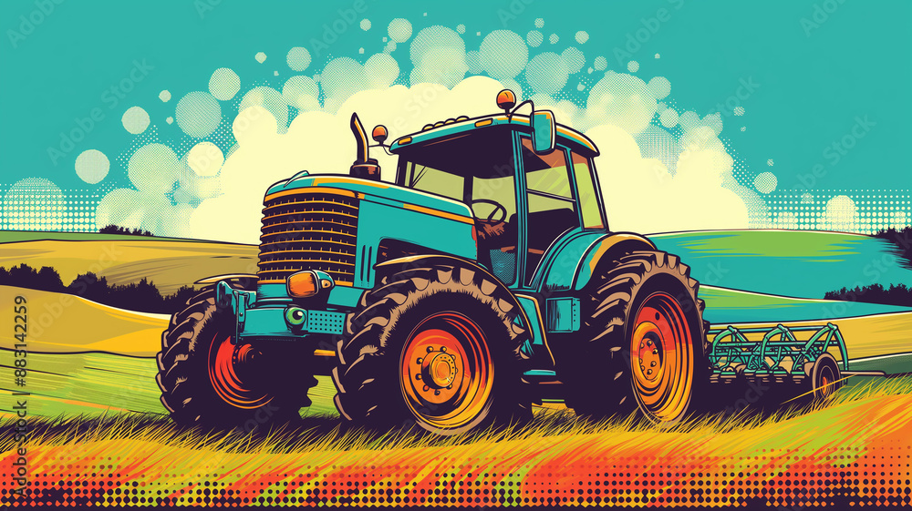 Obraz premium Pop art concept Farm, Harvest, tractor. Colorful background in pop art retro comic style.