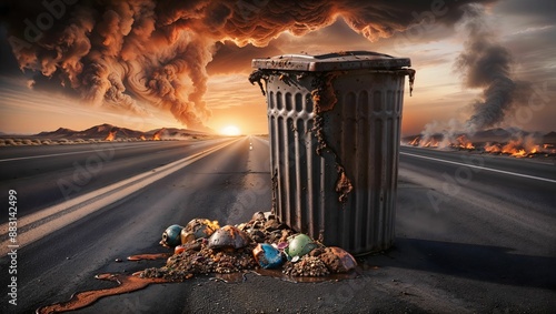 Rusty Trash Can on Desolate Highway with Fiery Sunset and Smoke photo