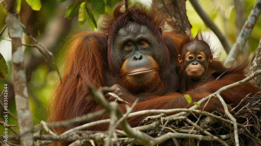 Fototapeta premium Bond of Protection: Endangered Bornean Orangutan Mother and Baby Nestled Safely in Treetop Haven