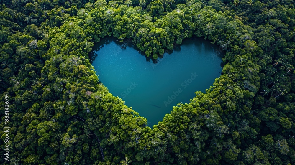 A large body of water is surrounded by trees, forming a heart shape A large body of water is surrounded by trees, forming a heart shape