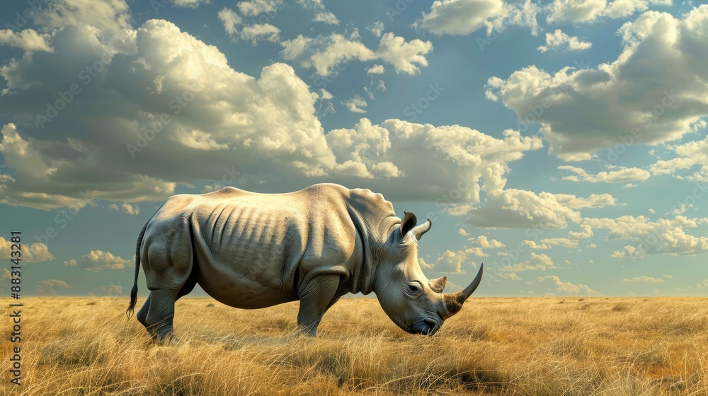 Fototapeta premium Majestic Endangered Northern White Rhino Grazing in the Vast African Savannah