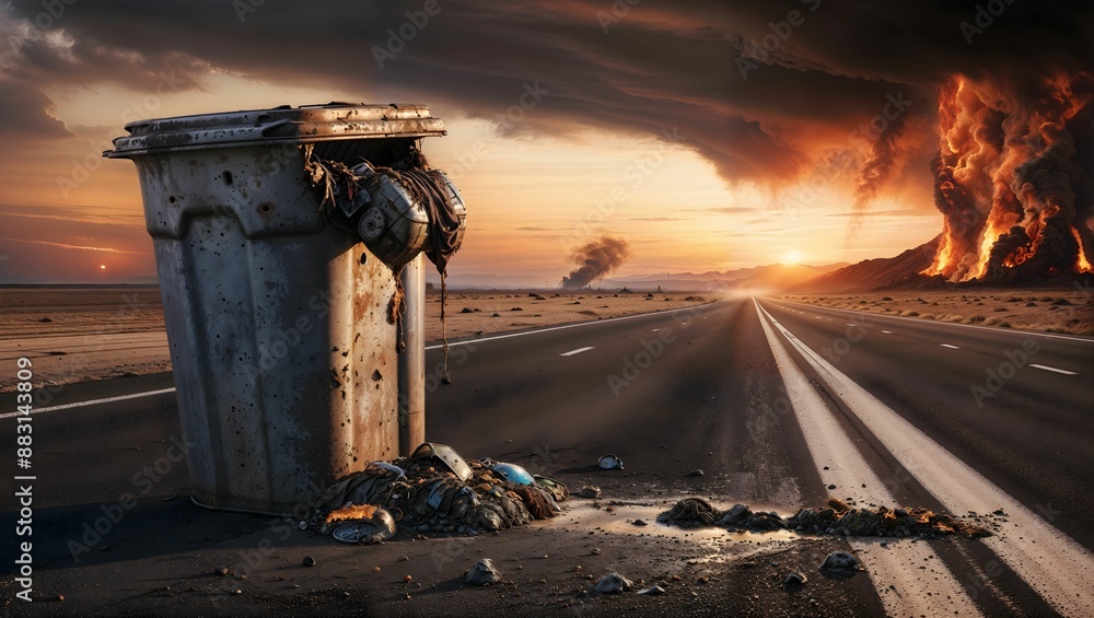 Rusty Trash Can on Desolate Highway with Fiery Sunset and Smoke, Environmental Disaster, Pollution Rusty Trash Can on Desolate Highway with Fiery Sunset and Smoke, Environmental Disaster, Pollution