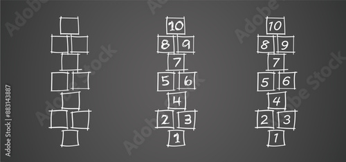 Cartoon hopscotch game on a floor, street or asphalt. Chalk drawing. School yard games. For kids playing hopscotch on playground. Hopscotch kid activity with numbers. Outdoor games for children sport.
