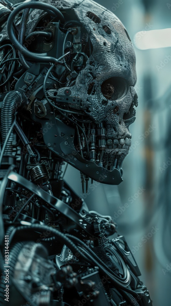 Fototapeta premium Visualize eerie bio-mechanical enhancements up close in a futuristic laboratory Blend organic textures with metallic sheen for a spine-chilling horror effect Employ a digital mixed