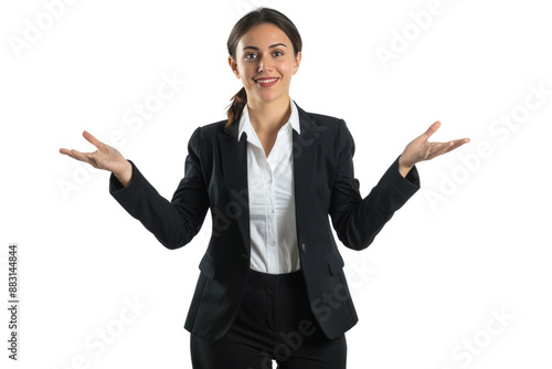 Confident Businesswoman in formal suit Gesturing with Both Hands