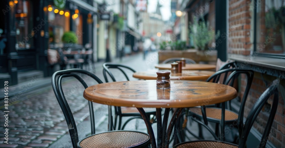 An outdoor cafe with tables and chairs on the sidewalk. An outdoor cafe with tables and chairs on the sidewalk.