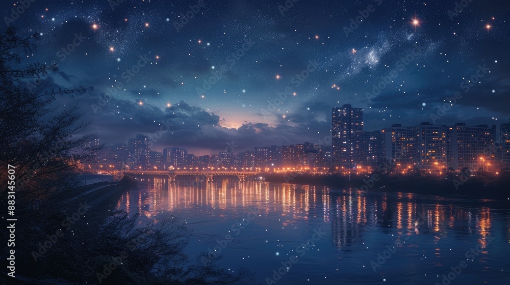 City Lights Reflecting in the River Under a Starry Night Sky. City Lights Reflecting in the River Under a Starry Night Sky.