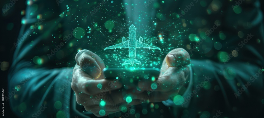 A person is holding a smartphone with a holographic image of an airplane floating above it A person is holding a smartphone with a holographic image of an airplane floating above it