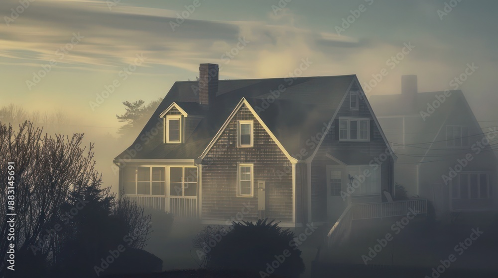 Suburban Cape Cod home during a foggy morning, the mist enveloping the house and creating a mysterious ambiance Suburban Cape Cod home during a foggy morning, the mist enveloping the house and creating a mysterious ambiance