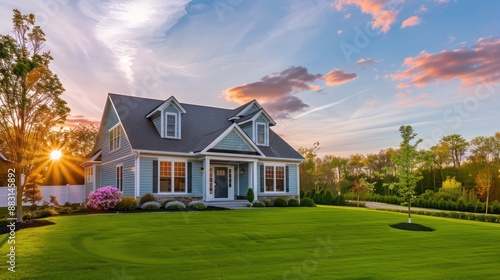 Suburban Cape Cod home during a vibrant spring day, its exterior freshly painted and the lawn perfectly green