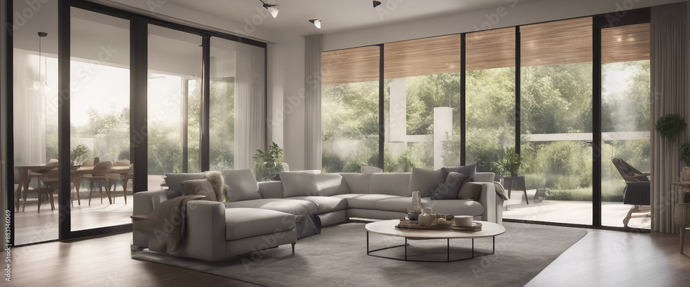 A spacious living room with modern interior design features a large sectional sofa a coffee table an A spacious living room with modern interior design features a large sectional sofa a coffee table an