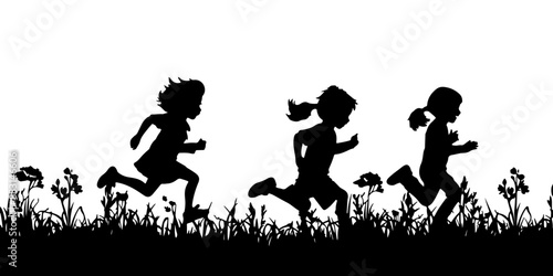 children running playing at outdoor. silhouettes vector illustration