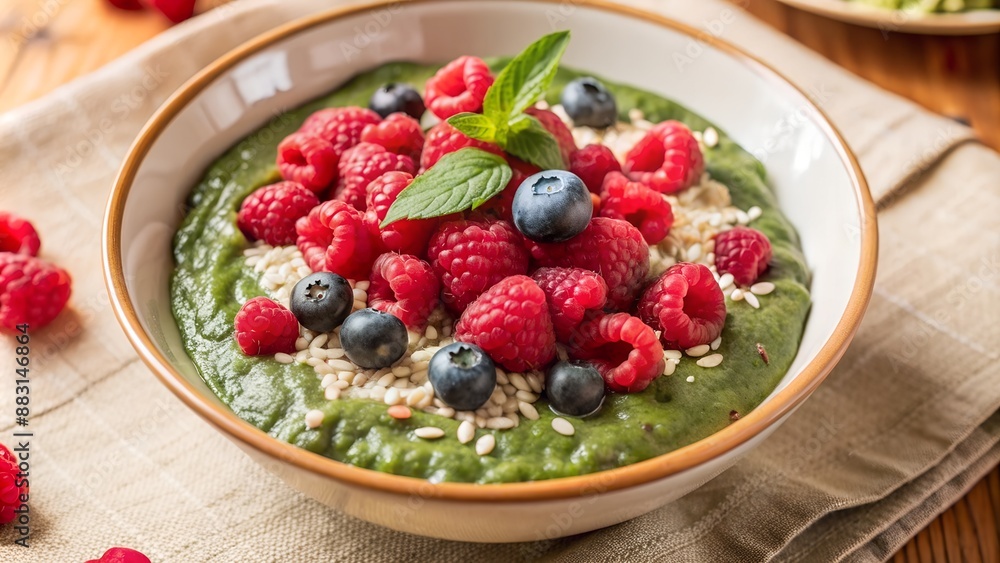 green porridge with berries. green porridge with berries.