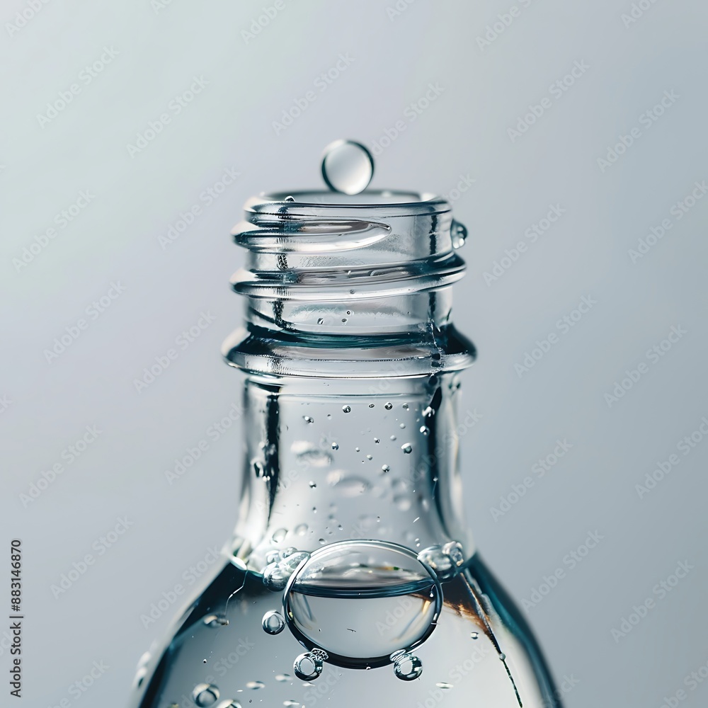 The interior of a clear bottle with a single floating bubble, captured in high definition
