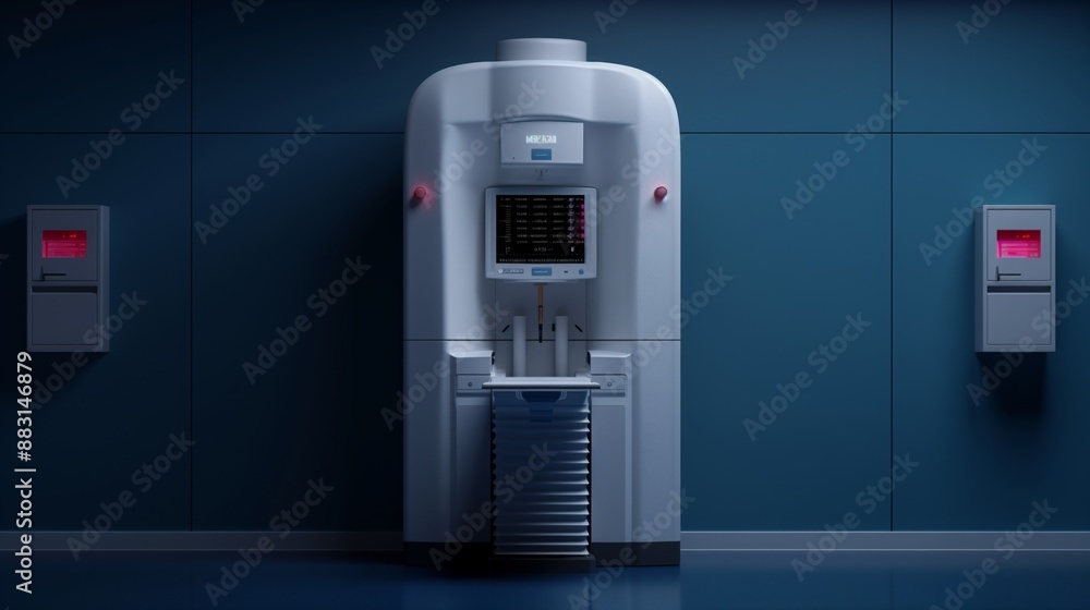 A white mammography machine stands against a blue wall in a medical facility. A white mammography machine stands against a blue wall in a medical facility.