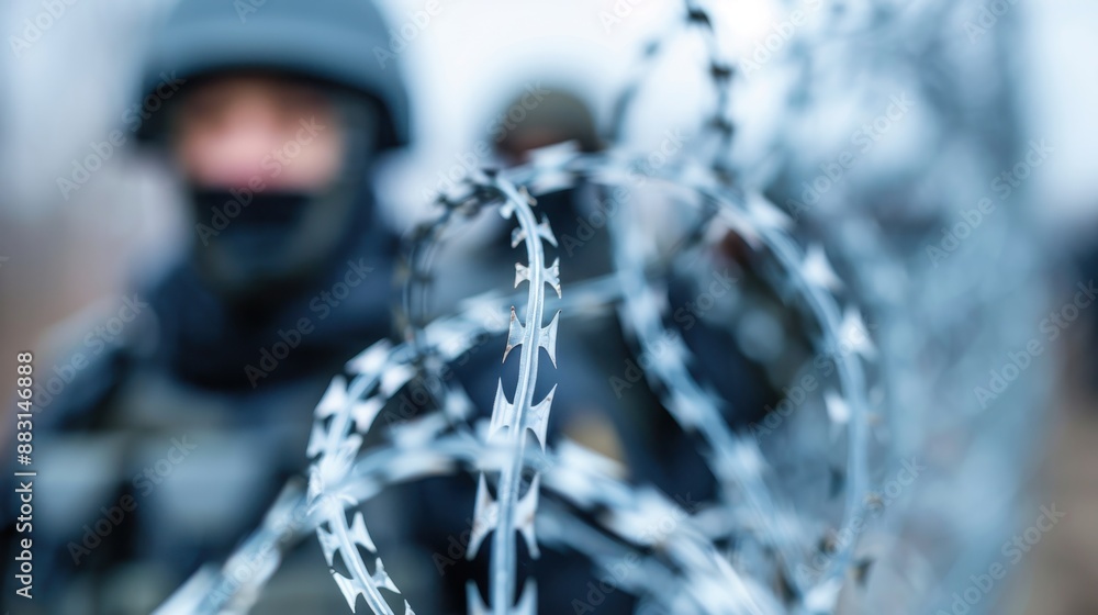 Two soldiers in full gear are standing near barbed wire in a military operation setup, showcasing readiness and alertness in a potentially high-tension environment. Two soldiers in full gear are standing near barbed wire in a military operation setup, showcasing readiness and alertness in a potentially high-tension environment.