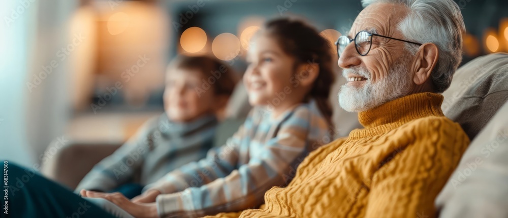 Happy grandfather spending quality time with his grandchildren on a cozy sofa, enjoying moments together at home.