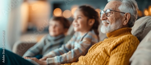 Obraz na płótnie Happy grandfather spending quality time with his grandchildren on a cozy sofa, enjoying moments together at home. w salonie