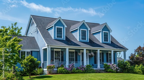Suburban Cape Cod home with a freshly painted blue exterior, complementing the clear blue sky