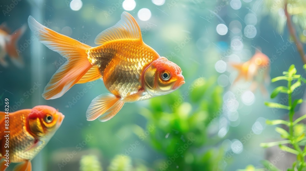 Goldfish swimming in a clear tank, banner with aquatic plants Goldfish swimming in a clear tank, banner with aquatic plants