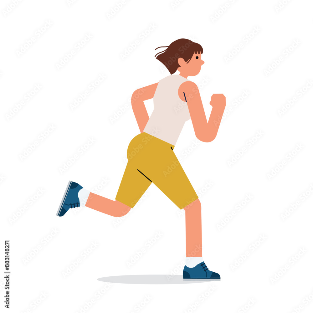 Woman running. Active girl jogging. Runner, cardio exercise, workout. Young female jogger training in sport shorts and sneakers. Flat vector illustration isolated on white background. Woman running. Active girl jogging. Runner, cardio exercise, workout. Young female jogger training in sport shorts and sneakers. Flat vector illustration isolated on white background.