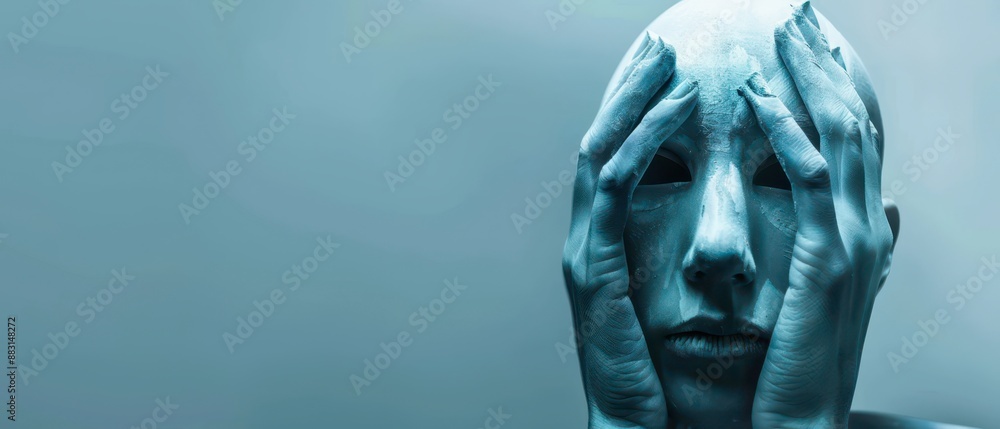 Close Up Portrait of a Person Covering Their Face With Hands in a Blue Tinted Light Close Up Portrait of a Person Covering Their Face With Hands in a Blue Tinted Light