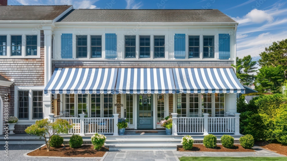 Fototapeta premium Suburban Cape Cod home with a blue and white striped awning over the front door, providing shade and adding a touch of beachside charm
