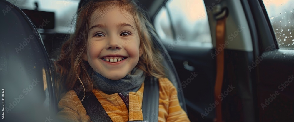 A smiling little schoolgirl, sitting in the back seat of the car with a seatbelt on, her face glowing with happiness A smiling little schoolgirl, sitting in the back seat of the car with a seatbelt on, her face glowing with happiness