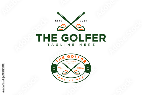 modern golf club and golf ball logo design. crossed stick golf and golf ball badge emblem logo design. vintage golf logo for golfer, golf sport, golf tournament and golf club