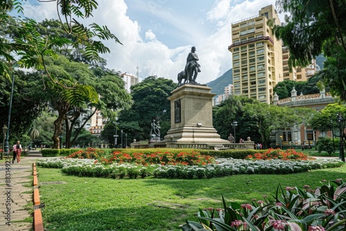 Historic Bolivar Square in Caracas Featuring a Majestic Equestrian Statue Surrounded by Vibrant Gardens