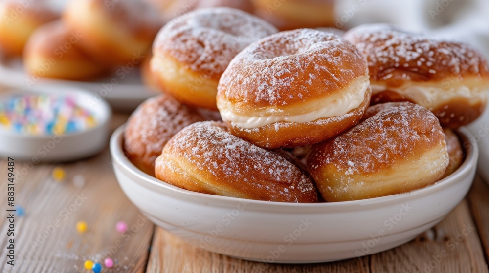 Beautifully crafted image of cream-filled donuts neatly arranged in a white ceramic bowl, dusted with powdered sugar to create a visually appealing and mouth-watering dessert scene. Beautifully crafted image of cream-filled donuts neatly arranged in a white ceramic bowl, dusted with powdered sugar to create a visually appealing and mouth-watering dessert scene.