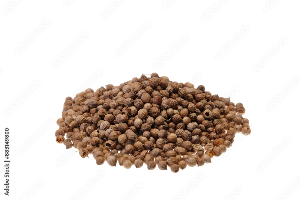 Pile of coriander seeds (Coriandrum sativum). Close-up, front view, isolated on a white background Pile of coriander seeds (Coriandrum sativum). Close-up, front view, isolated on a white background