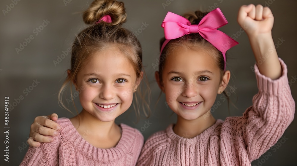 Two young girls, one with a pink bow in her hair, stand close together and smile. Two young girls, one with a pink bow in her hair, stand close together and smile.