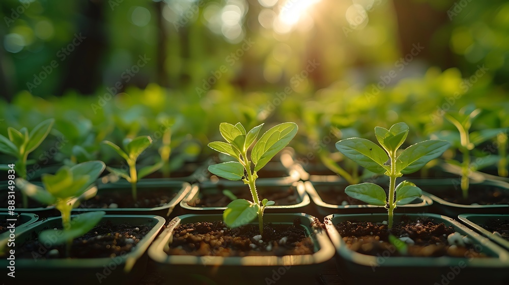 A beautiful garden scene, wide-angle shot capturing young seedlings in small pots neatly arranged. The soft sunlight creates a warm glow, enhancing the natural beauty and colors of the seedlings. A beautiful garden scene, wide-angle shot capturing young seedlings in small pots neatly arranged. The soft sunlight creates a warm glow, enhancing the natural beauty and colors of the seedlings.