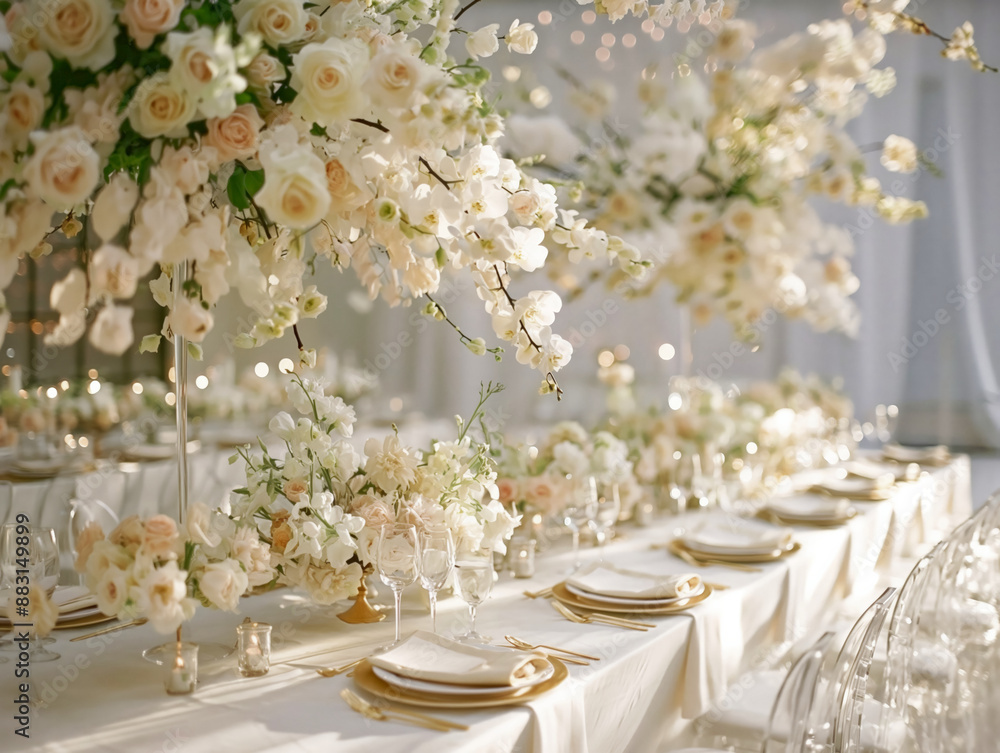 A modern wedding dinner setup features sleek and minimalist decor with elegant white floral arrangements and gold accented table settings