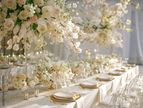 Obraz na płótnie A modern wedding dinner setup features sleek and minimalist decor with elegant white floral arrangements and gold accented table settings w salonie