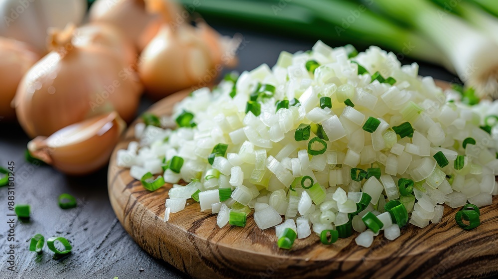 A pile of finely chopped onions is shown on a wooden cutting board, with whole onions and green onions visible in the background, highlighting fresh ingredients. A pile of finely chopped onions is shown on a wooden cutting board, with whole onions and green onions visible in the background, highlighting fresh ingredients.