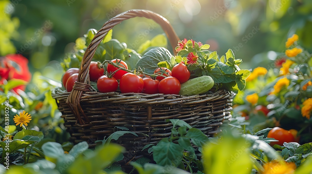 A beautiful vegetable harvest, wide-angle shot capturing a rustic basket filled with a variety of freshly picked vegetables. The soft, natural light enhances the vibrant colors and textures, A beautiful vegetable harvest, wide-angle shot capturing a rustic basket filled with a variety of freshly picked vegetables. The soft, natural light enhances the vibrant colors and textures,