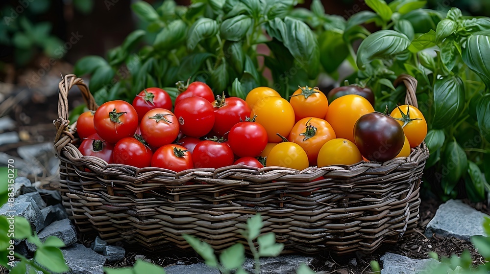 A bountiful vegetable harvest, wide-angle view capturing a basket of fresh vegetables in a garden. The variety of colors and textures are highlighted by soft, natural light, A bountiful vegetable harvest, wide-angle view capturing a basket of fresh vegetables in a garden. The variety of colors and textures are highlighted by soft, natural light,