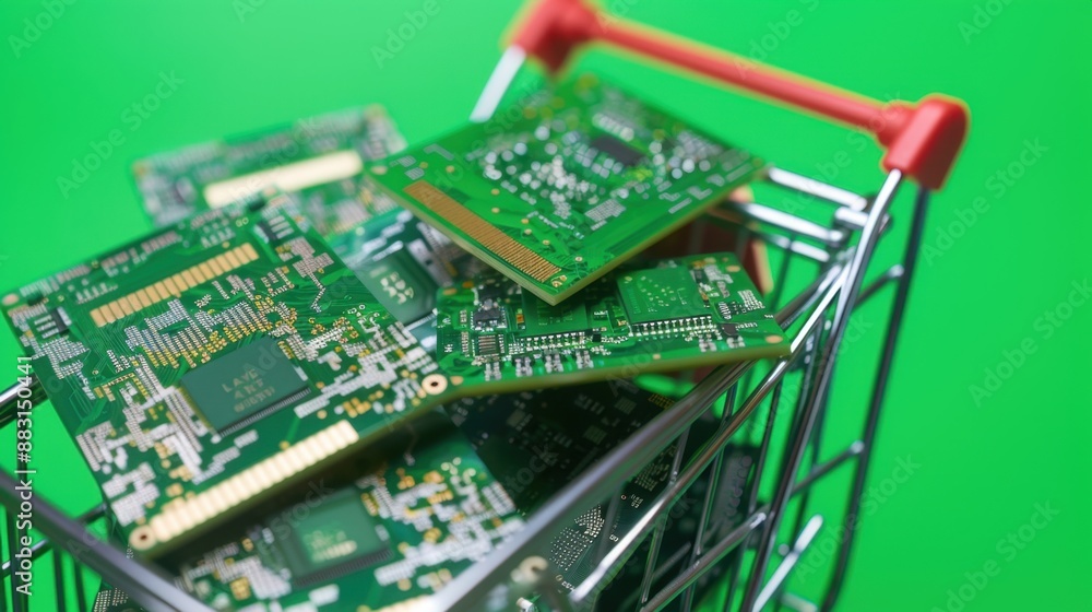 Obraz premium AI computer chips neatly stacked in a shopping cart on a green background, symbolizing technology and innovation.