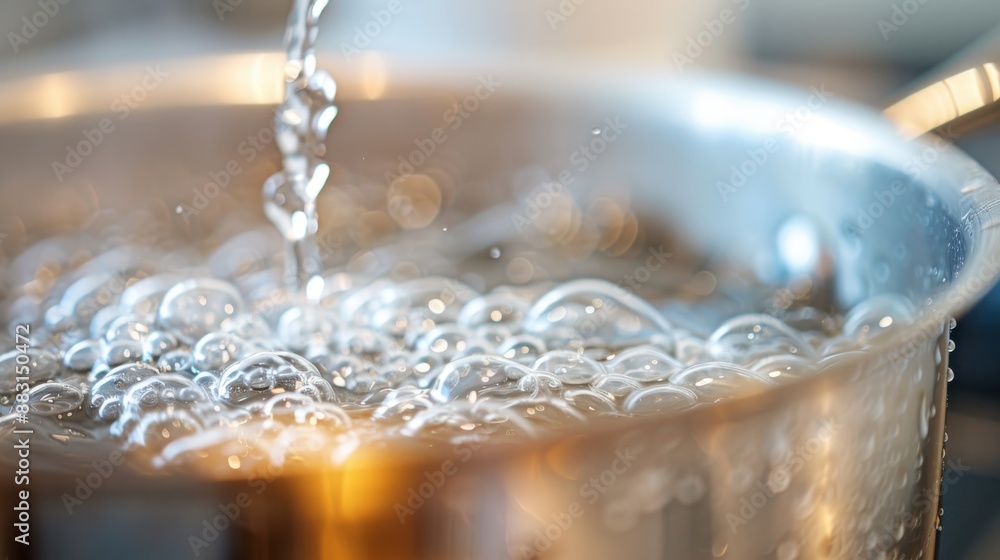 A dynamic image showcasing water being poured into a pot already at a rolling boil on a stove, capturing the energy and transformation of water into vapor. A dynamic image showcasing water being poured into a pot already at a rolling boil on a stove, capturing the energy and transformation of water into vapor.