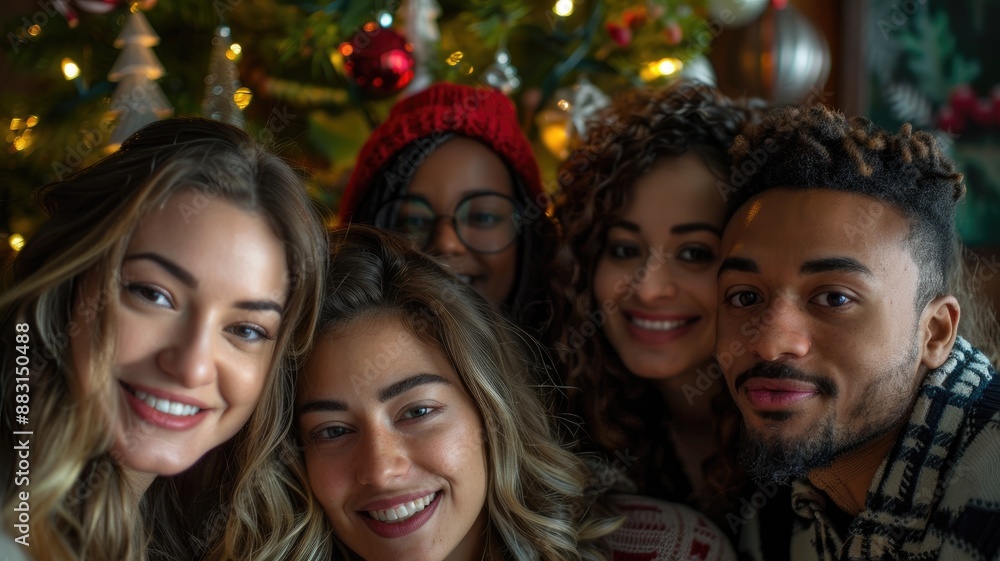 Group of diverse friends smiling together during festive holiday celebration near Christmas tree Group of diverse friends smiling together during festive holiday celebration near Christmas tree