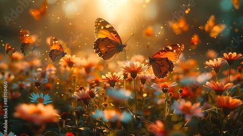 A lush butterfly garden, wide-angle view capturing butterflies dancing around blooming flowers. © ThuyTrang